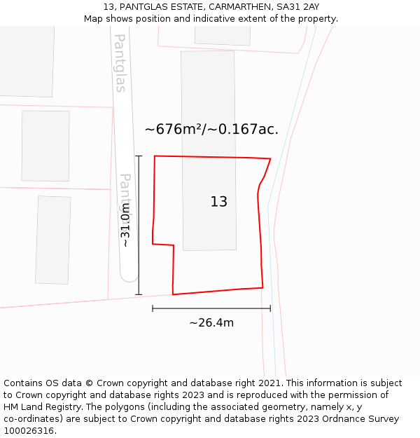 13, PANTGLAS ESTATE, CARMARTHEN, SA31 2AY: Plot and title map