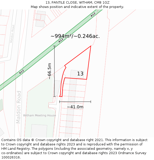 13, PANTILE CLOSE, WITHAM, CM8 1GZ: Plot and title map