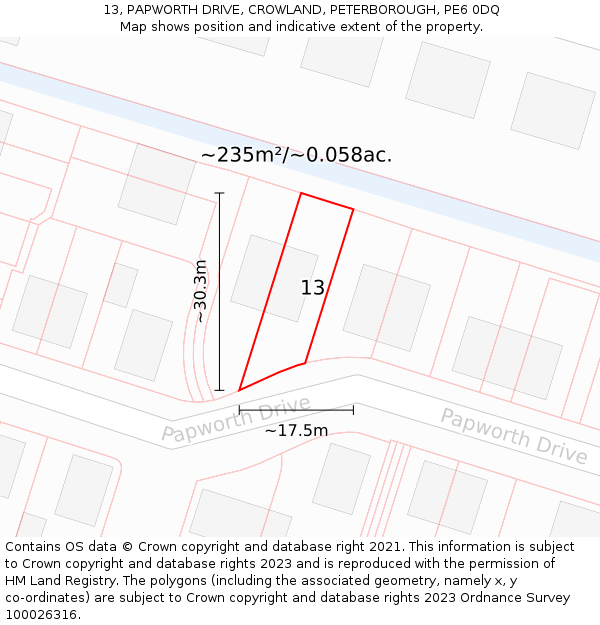 13, PAPWORTH DRIVE, CROWLAND, PETERBOROUGH, PE6 0DQ: Plot and title map