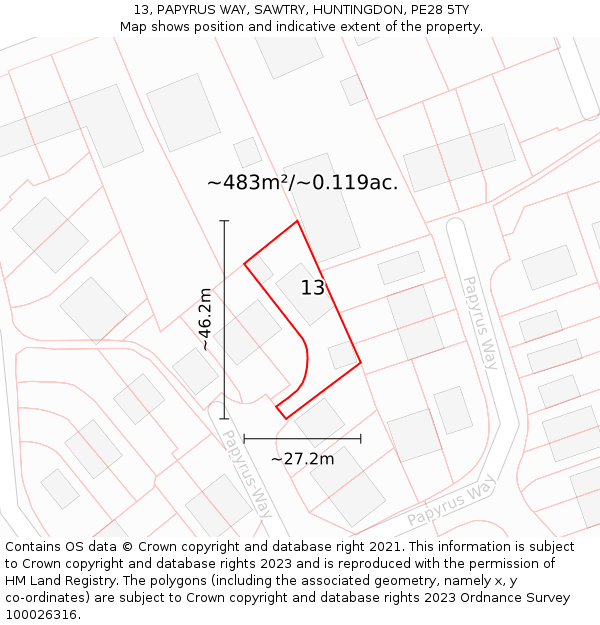 13, PAPYRUS WAY, SAWTRY, HUNTINGDON, PE28 5TY: Plot and title map