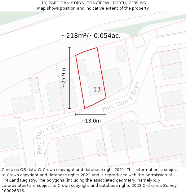 13, PARC DAN Y BRYN, TONYREFAIL, PORTH, CF39 8JS: Plot and title map