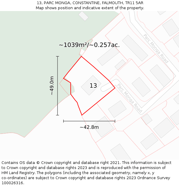 13, PARC MONGA, CONSTANTINE, FALMOUTH, TR11 5AR: Plot and title map