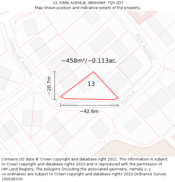 13, PARK AVENUE, BRIXHAM, TQ5 0DT: Plot and title map