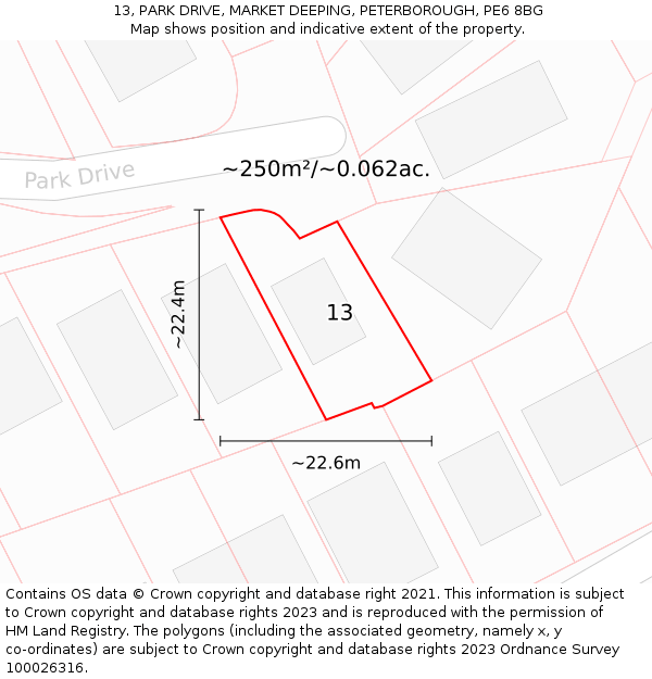 13, PARK DRIVE, MARKET DEEPING, PETERBOROUGH, PE6 8BG: Plot and title map