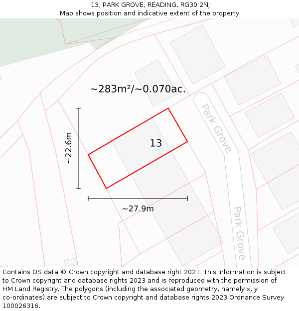 13, PARK GROVE, READING, RG30 2NJ: Plot and title map