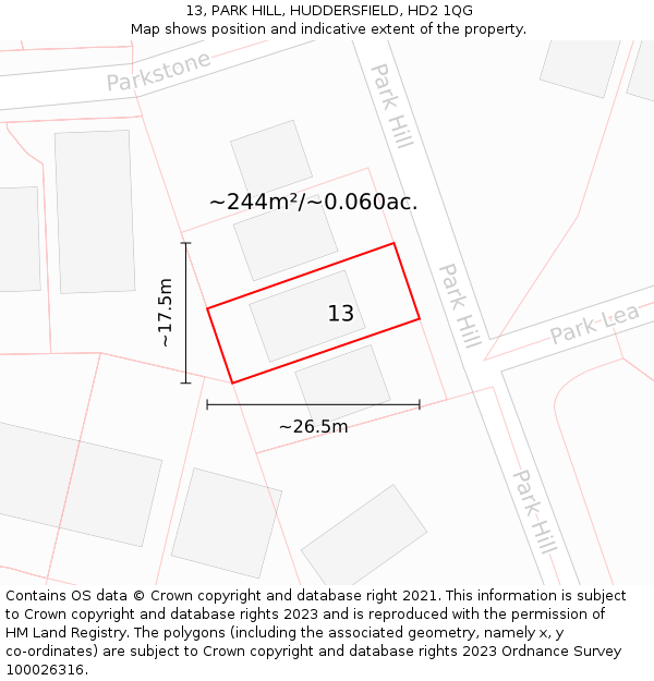 13, PARK HILL, HUDDERSFIELD, HD2 1QG: Plot and title map