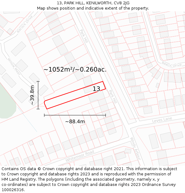 13, PARK HILL, KENILWORTH, CV8 2JG: Plot and title map