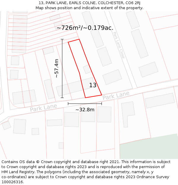13, PARK LANE, EARLS COLNE, COLCHESTER, CO6 2RJ: Plot and title map