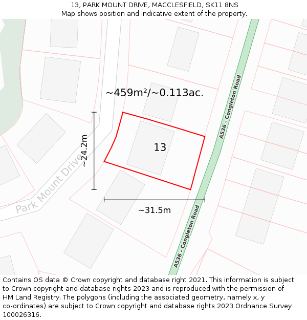 13, PARK MOUNT DRIVE, MACCLESFIELD, SK11 8NS: Plot and title map