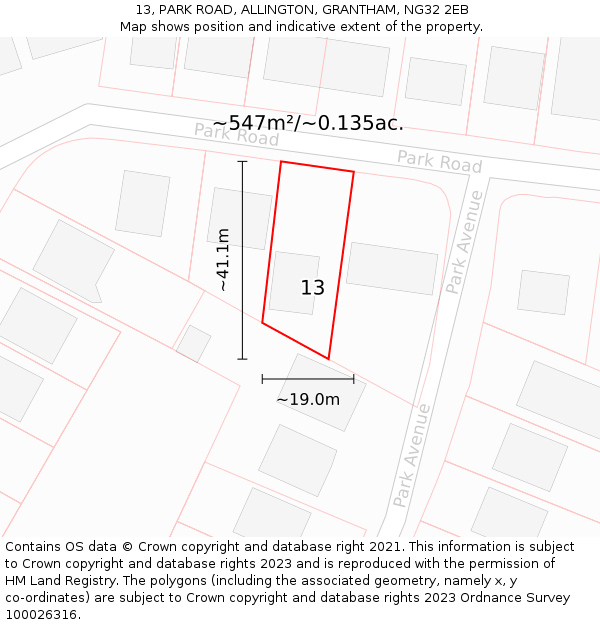 13, PARK ROAD, ALLINGTON, GRANTHAM, NG32 2EB: Plot and title map