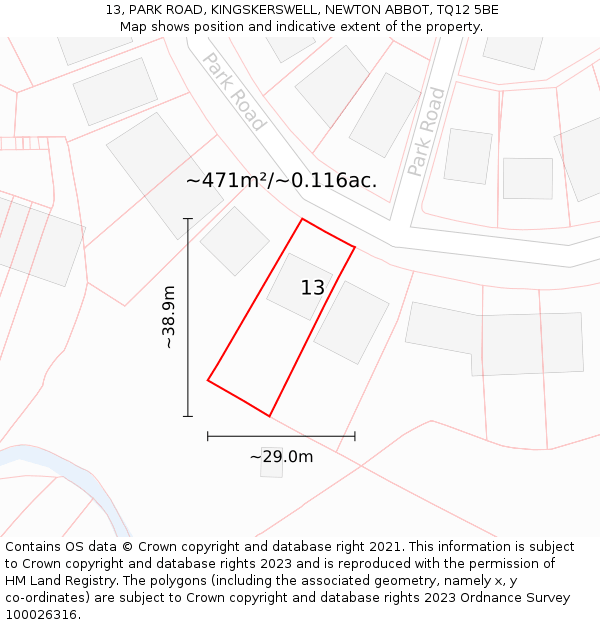 13, PARK ROAD, KINGSKERSWELL, NEWTON ABBOT, TQ12 5BE: Plot and title map