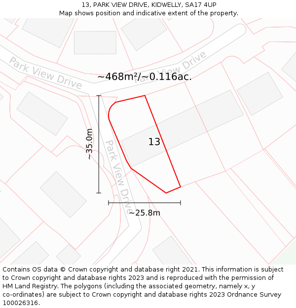 13, PARK VIEW DRIVE, KIDWELLY, SA17 4UP: Plot and title map