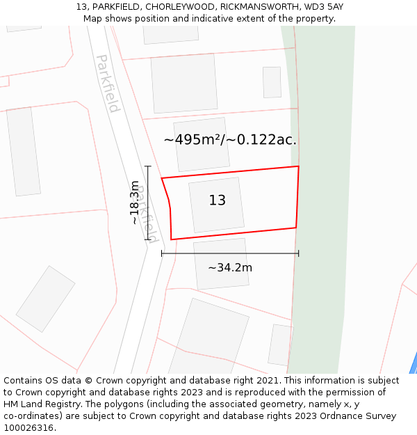 13, PARKFIELD, CHORLEYWOOD, RICKMANSWORTH, WD3 5AY: Plot and title map