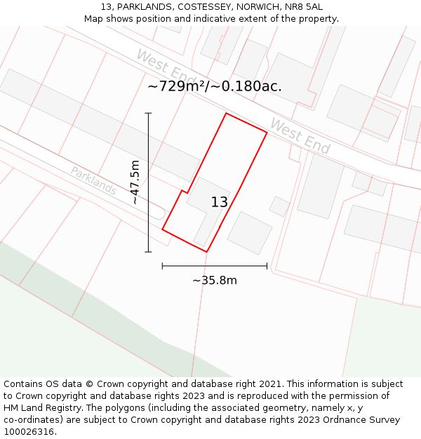 13, PARKLANDS, COSTESSEY, NORWICH, NR8 5AL: Plot and title map