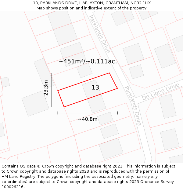 13, PARKLANDS DRIVE, HARLAXTON, GRANTHAM, NG32 1HX: Plot and title map