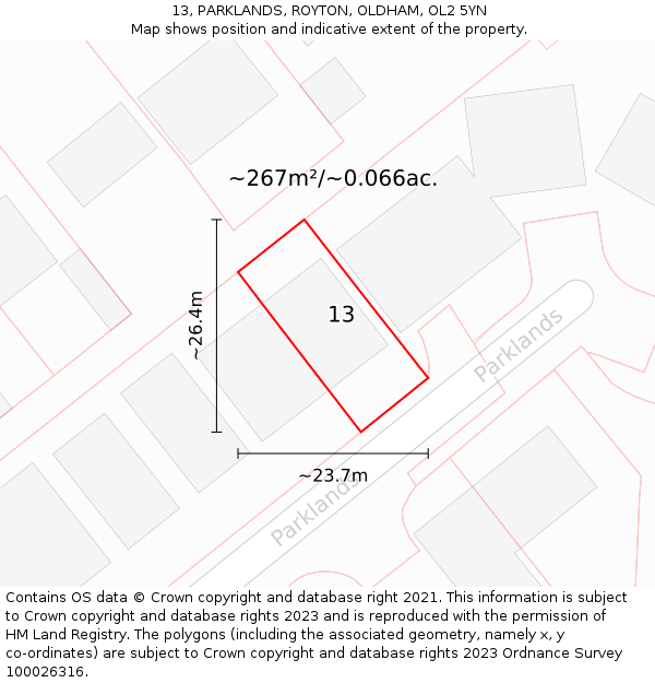 13, PARKLANDS, ROYTON, OLDHAM, OL2 5YN: Plot and title map