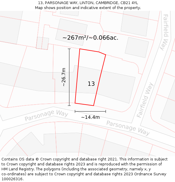 13, PARSONAGE WAY, LINTON, CAMBRIDGE, CB21 4YL: Plot and title map