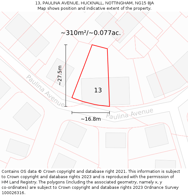 13, PAULINA AVENUE, HUCKNALL, NOTTINGHAM, NG15 8JA: Plot and title map