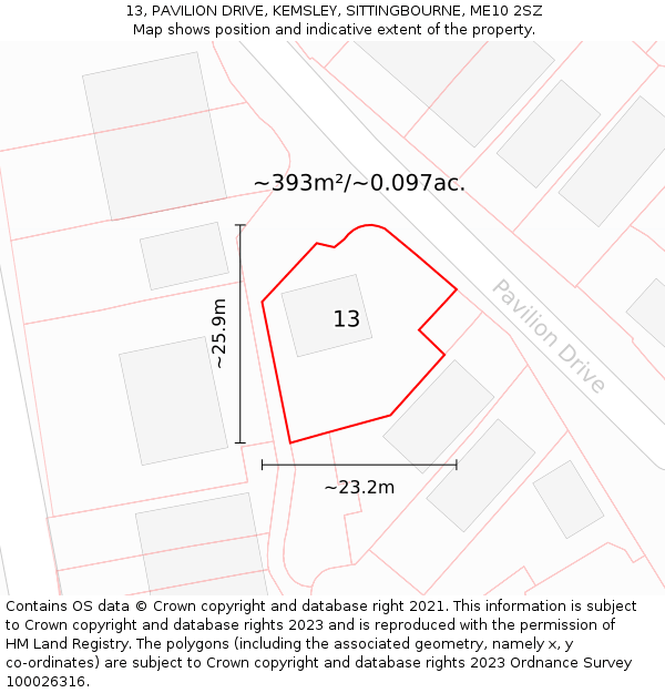 13, PAVILION DRIVE, KEMSLEY, SITTINGBOURNE, ME10 2SZ: Plot and title map