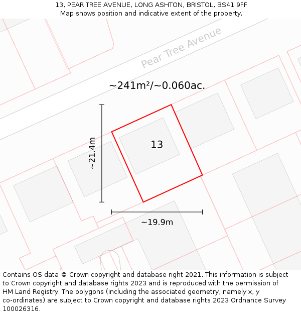 13, PEAR TREE AVENUE, LONG ASHTON, BRISTOL, BS41 9FF: Plot and title map