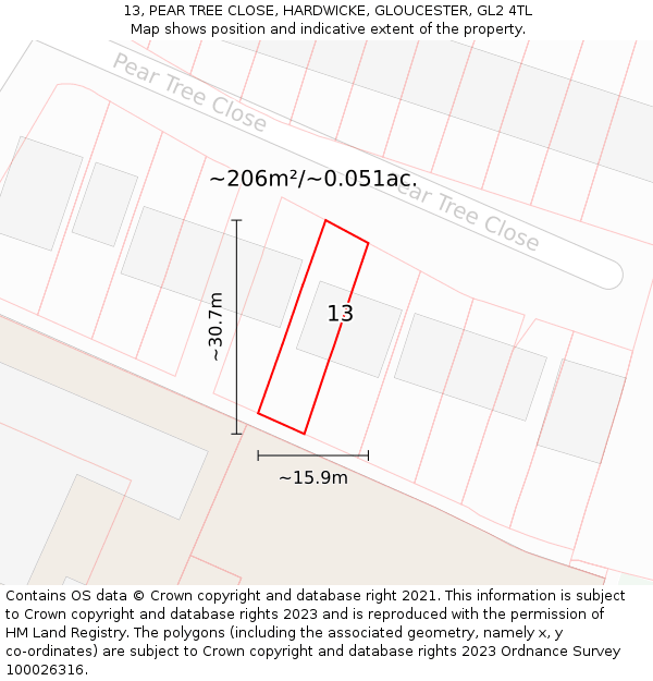 13, PEAR TREE CLOSE, HARDWICKE, GLOUCESTER, GL2 4TL: Plot and title map