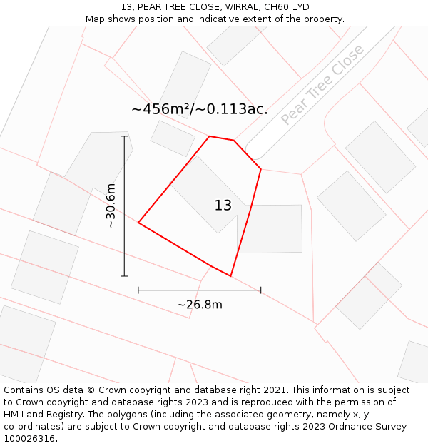 13, PEAR TREE CLOSE, WIRRAL, CH60 1YD: Plot and title map