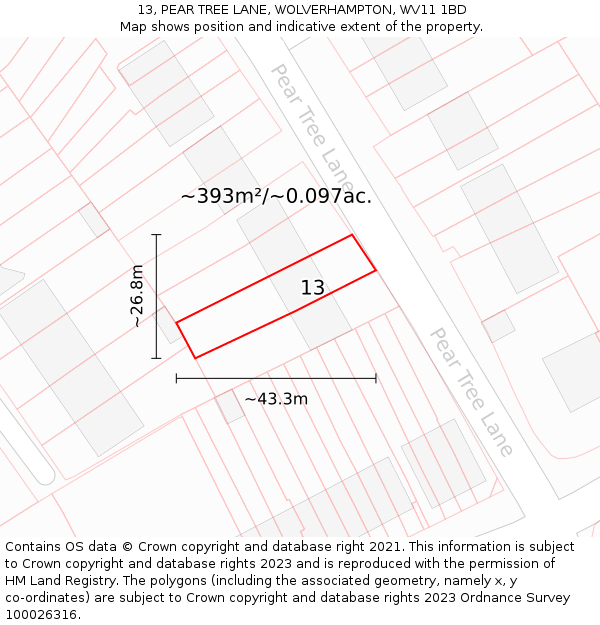 13, PEAR TREE LANE, WOLVERHAMPTON, WV11 1BD: Plot and title map