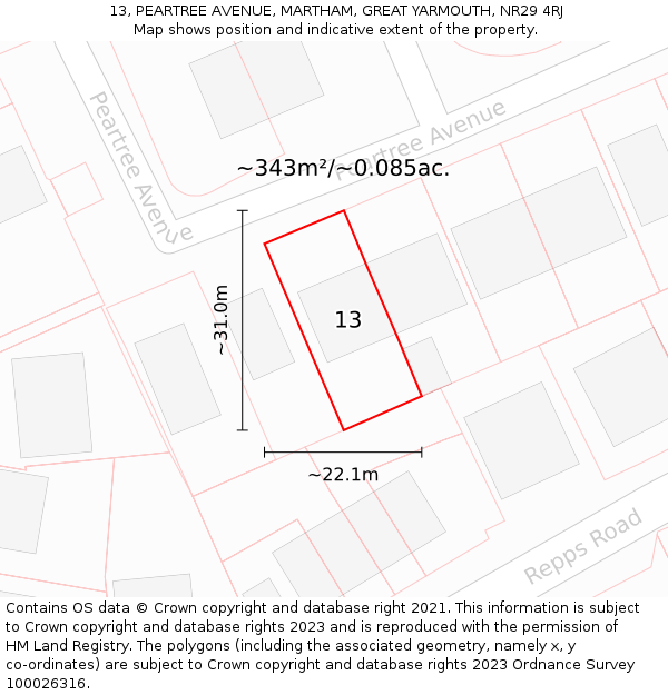 13, PEARTREE AVENUE, MARTHAM, GREAT YARMOUTH, NR29 4RJ: Plot and title map