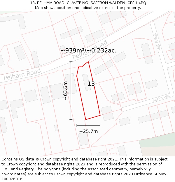 13, PELHAM ROAD, CLAVERING, SAFFRON WALDEN, CB11 4PQ: Plot and title map