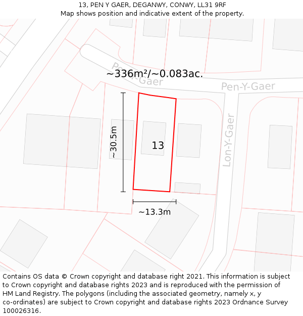 13, PEN Y GAER, DEGANWY, CONWY, LL31 9RF: Plot and title map
