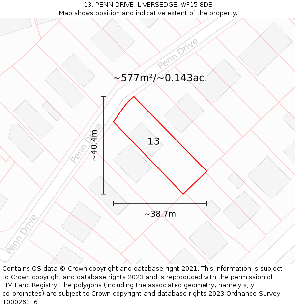 13, PENN DRIVE, LIVERSEDGE, WF15 8DB: Plot and title map