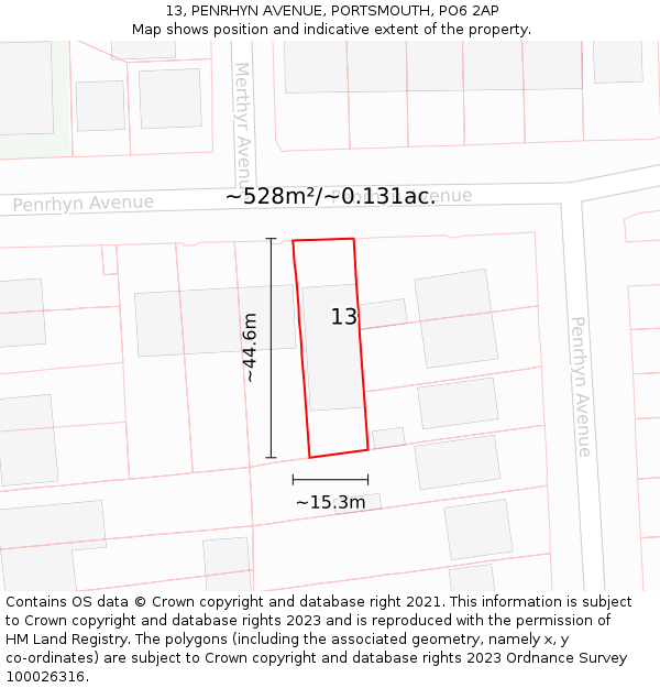 13, PENRHYN AVENUE, PORTSMOUTH, PO6 2AP: Plot and title map