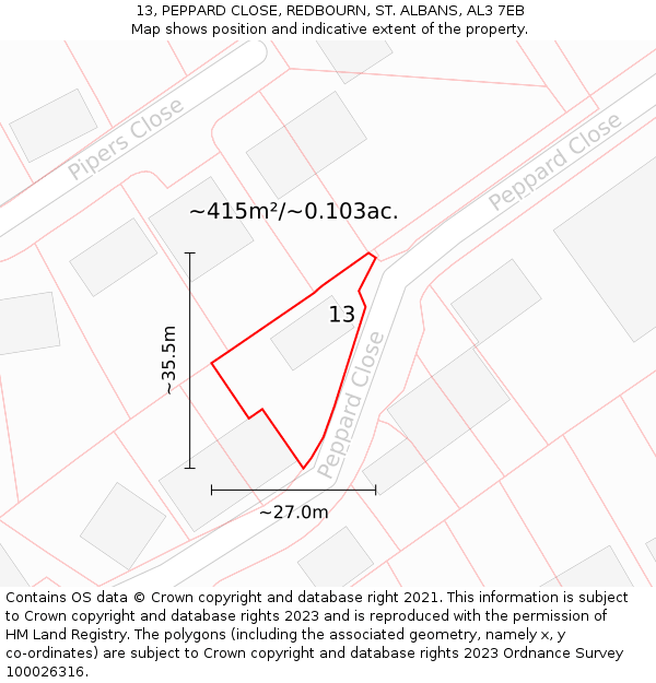 13, PEPPARD CLOSE, REDBOURN, ST. ALBANS, AL3 7EB: Plot and title map