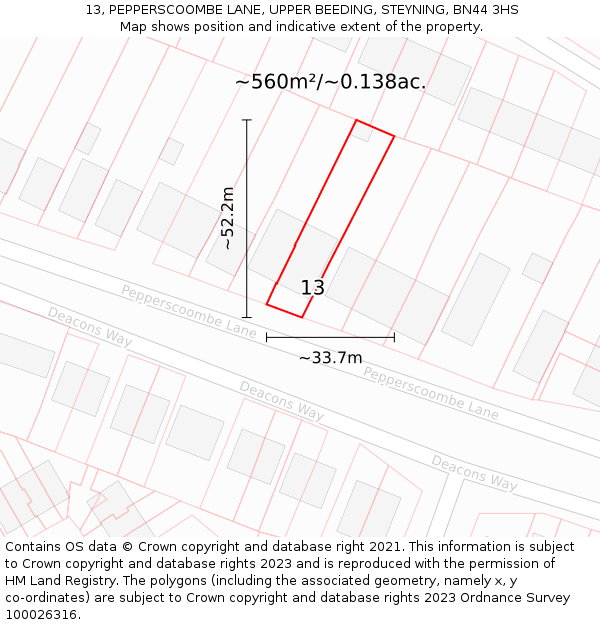 13, PEPPERSCOOMBE LANE, UPPER BEEDING, STEYNING, BN44 3HS: Plot and title map