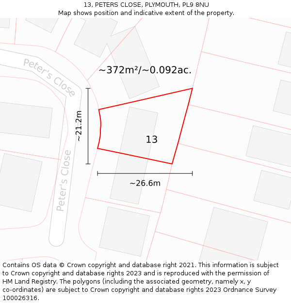 13, PETERS CLOSE, PLYMOUTH, PL9 8NU: Plot and title map