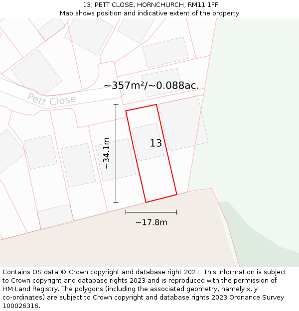 13, PETT CLOSE, HORNCHURCH, RM11 1FF: Plot and title map