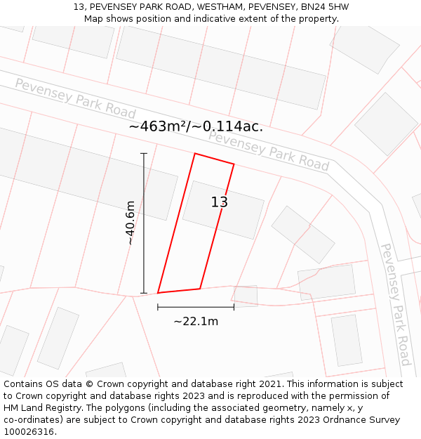 13, PEVENSEY PARK ROAD, WESTHAM, PEVENSEY, BN24 5HW: Plot and title map