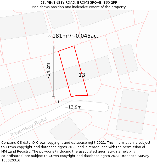 13, PEVENSEY ROAD, BROMSGROVE, B60 2RR: Plot and title map
