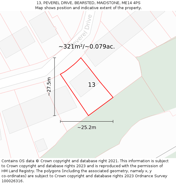 13, PEVEREL DRIVE, BEARSTED, MAIDSTONE, ME14 4PS: Plot and title map