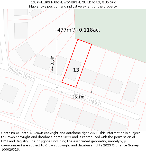 13, PHILLIPS HATCH, WONERSH, GUILDFORD, GU5 0PX: Plot and title map