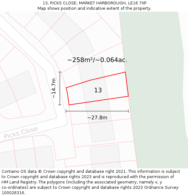 13, PICKS CLOSE, MARKET HARBOROUGH, LE16 7XP: Plot and title map