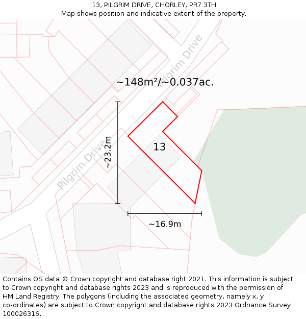 13, PILGRIM DRIVE, CHORLEY, PR7 3TH: Plot and title map