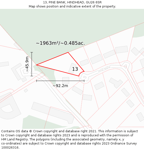 13, PINE BANK, HINDHEAD, GU26 6SR: Plot and title map