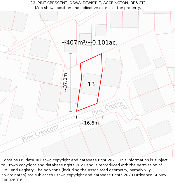13, PINE CRESCENT, OSWALDTWISTLE, ACCRINGTON, BB5 3TF: Plot and title map