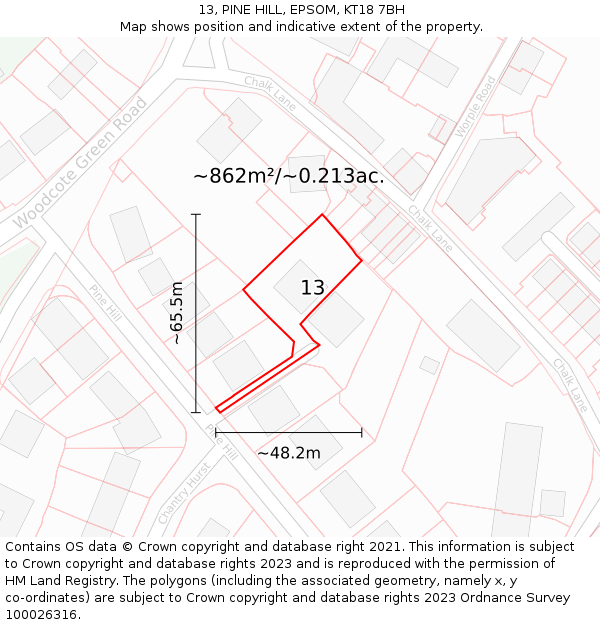 13, PINE HILL, EPSOM, KT18 7BH: Plot and title map