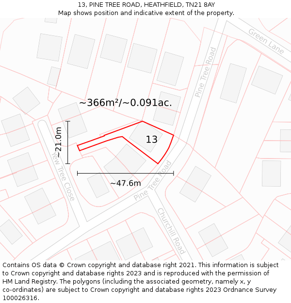 13, PINE TREE ROAD, HEATHFIELD, TN21 8AY: Plot and title map