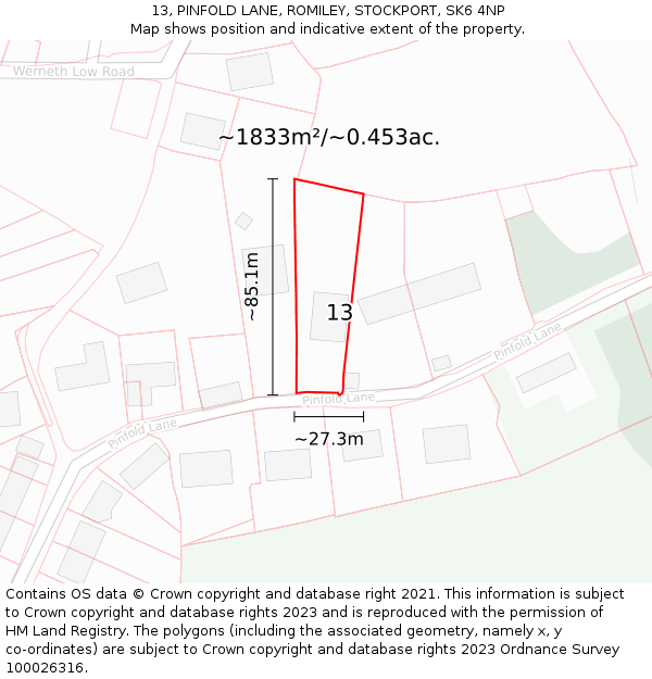13, PINFOLD LANE, ROMILEY, STOCKPORT, SK6 4NP: Plot and title map