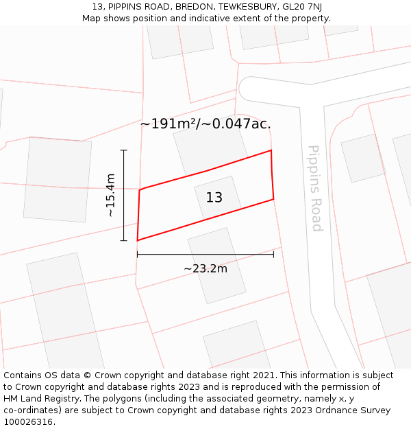 13, PIPPINS ROAD, BREDON, TEWKESBURY, GL20 7NJ: Plot and title map