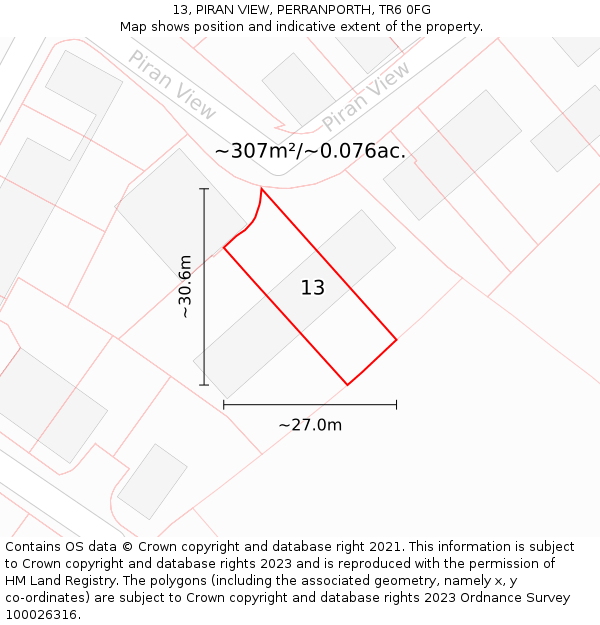 13, PIRAN VIEW, PERRANPORTH, TR6 0FG: Plot and title map