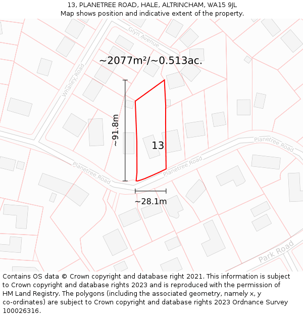 13, PLANETREE ROAD, HALE, ALTRINCHAM, WA15 9JL: Plot and title map
